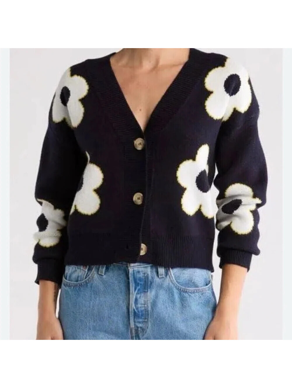Industry M Black Long Sleeve Floral Cardigan Button Down Warm Preppy Hippie NWT